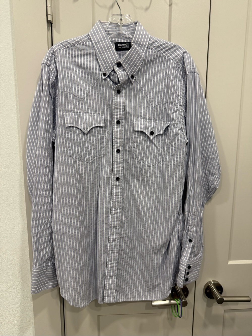 Classic Lyle Lovett Blue Stripe Button-Down Shirt - Men’s Casual-Large